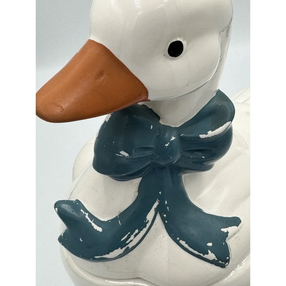Ceramic Duck Cookie Jar with Blue Bow and Lid, Animal Kitchen Decor